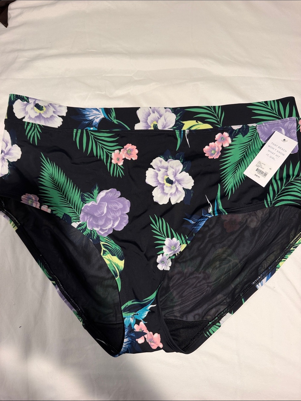 High-Waist Floral Bikini Bottoms - Black with Purple & Green